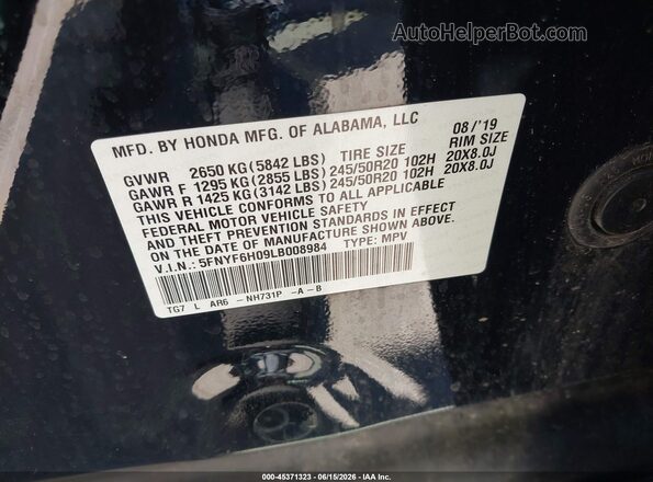 5FNYF6H09LB008984 2020 HONDA PILOT Black Շարժիչի բաժամունքի տեսք