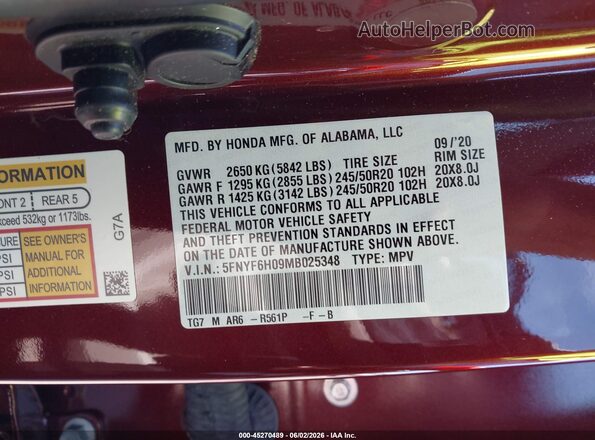 5FNYF6H09MB025348 2021 HONDA PILOT Burgundy 
