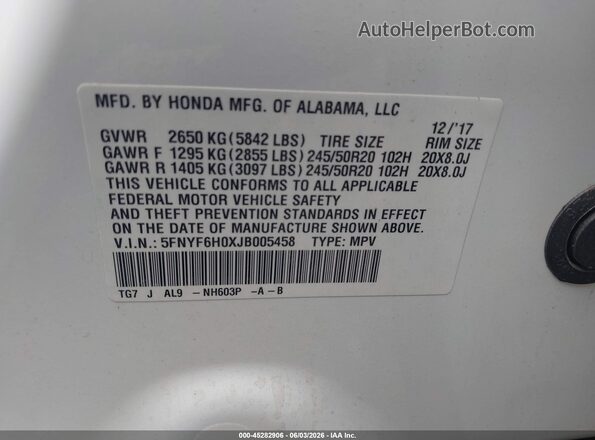 5FNYF6H0XJB005458 2018 HONDA PILOT Белый Вид подкапотного пространства