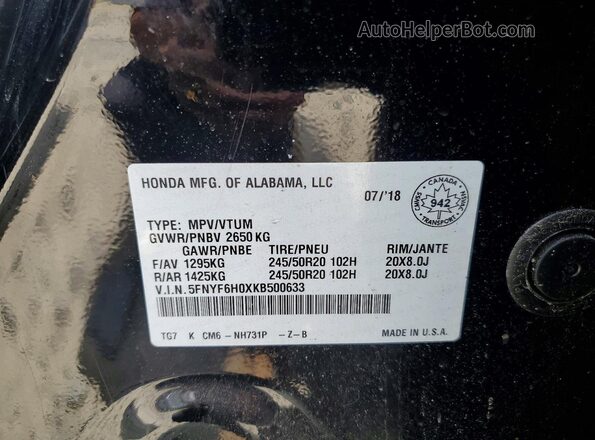 5FNYF6H0XKB500633 2019 HONDA PILOT Black 