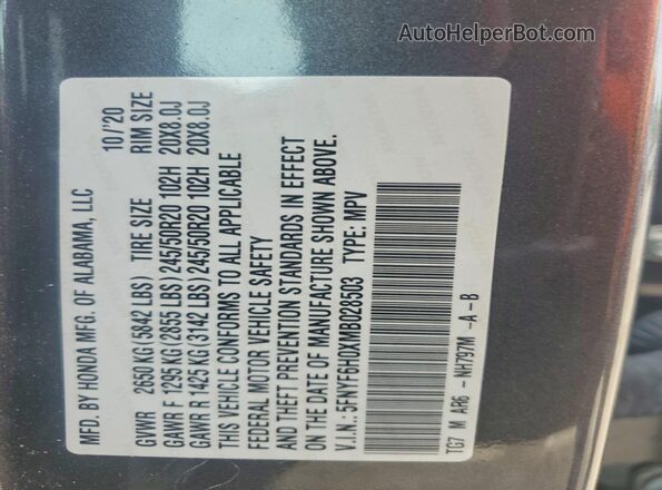 5FNYF6H0XMB028503 2021 HONDA PILOT Charcoal VIN კოდის სტიკერის ხედი