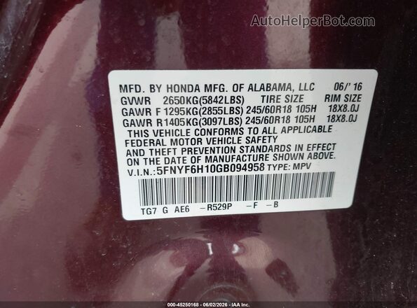 5FNYF6H10GB094958 2016 HONDA PILOT Burgundy Vista del compartimento del motor