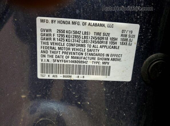 5FNYF6H14KB098942 2019 HONDA PILOT Teal 