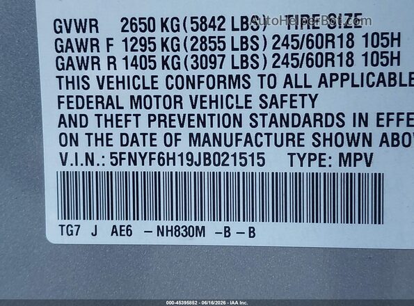 5FNYF6H19JB021515 2018 HONDA PILOT Light Blue Вид підкапотного простору