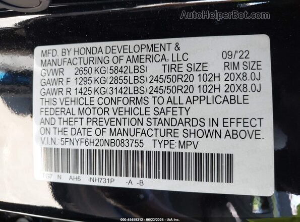 5FNYF6H20NB083755 2022 HONDA PILOT Black Widok komory silnika