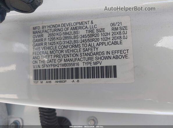 5FNYF6H21MB095816 2021 HONDA PILOT Белый Вид подкапотного пространства