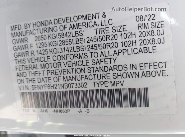 5FNYF6H21NB073302 2022 HONDA PILOT White Widok komory silnika
