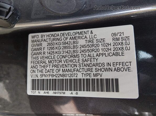 5FNYF6H22NB012072 2022 HONDA PILOT Black Vista del compartimento del motor