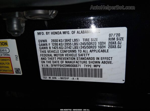 5FNYF6H23MB008871 2021 HONDA PILOT Black Engine compartment view