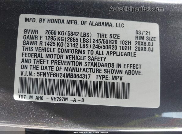 5FNYF6H24MB064317 2021 HONDA PILOT Gray Vista del compartimento del motor