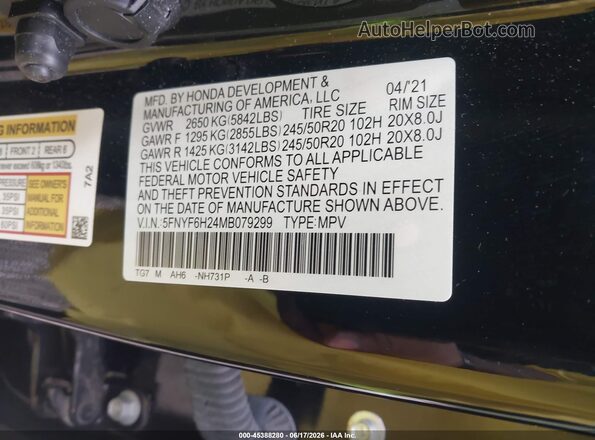 5FNYF6H24MB079299 2021 HONDA PILOT Black 