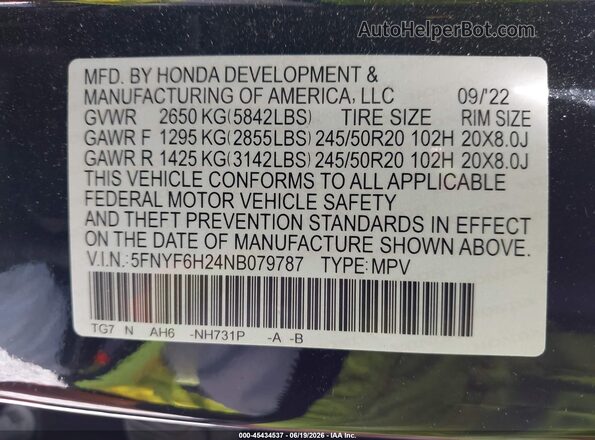 5FNYF6H24NB079787 2022 HONDA PILOT Black Vista del compartimento del motor