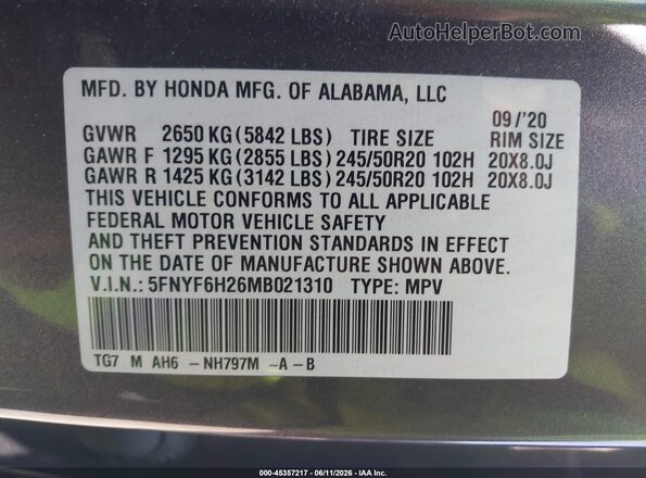 5FNYF6H26MB021310 2021 HONDA PILOT Gray ძრავის განყოფილების ხედი