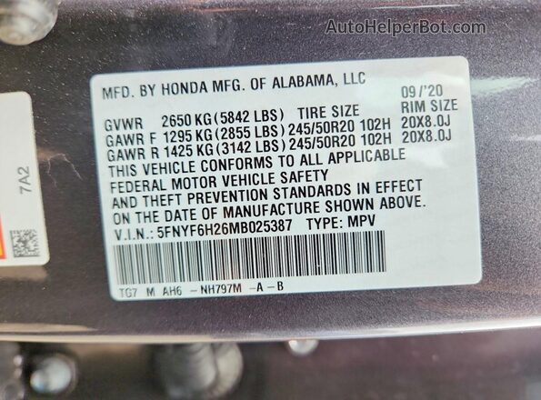 5FNYF6H26MB025387 2021 HONDA PILOT Gray 