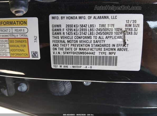 5FNYF6H26MB044442 2021 HONDA PILOT Черный Вид подкапотного пространства