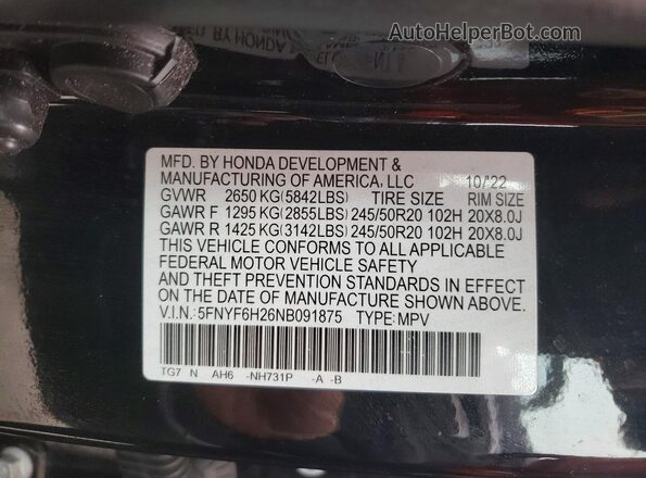 5FNYF6H26NB091875 2022 HONDA PILOT Black Vista del compartimento del motor
