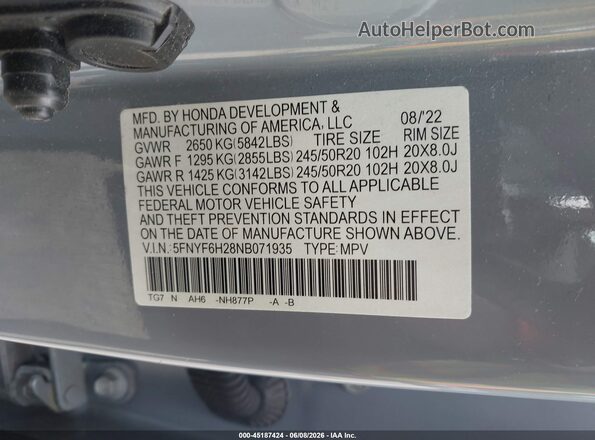 5FNYF6H28NB071935 2022 HONDA PILOT Light Blue Engine compartment view