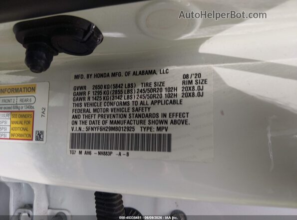5FNYF6H29MB012925 2021 HONDA PILOT White Engine compartment view