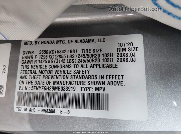 5FNYF6H29MB033919 2021 HONDA PILOT Silver Вид підкапотного простору