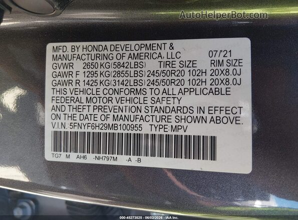 5FNYF6H29MB100955 2021 HONDA PILOT Gray Engine compartment view