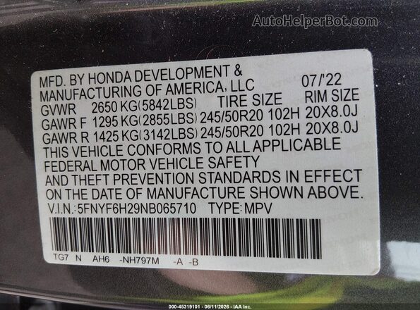 5FNYF6H29NB065710 2022 HONDA PILOT Gray Widok komory silnika
