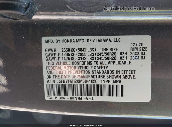 5FNYF6H2XMB041026 2021 HONDA PILOT Gray ძრავის განყოფილების ხედი