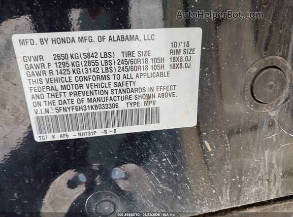 5FNYF6H31KB033306 2019 HONDA PILOT Black ძრავის განყოფილების ხედი