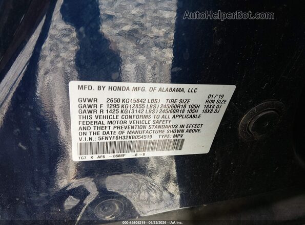 5FNYF6H32KB054519 2019 HONDA PILOT Blue Engine compartment view