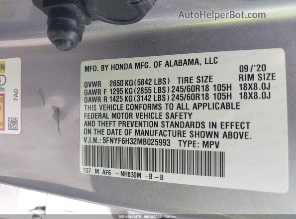 5FNYF6H32MB025993 2021 HONDA PILOT Silver Շարժիչի բաժամունքի տեսք