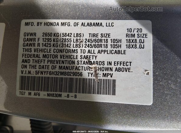 5FNYF6H32MB029056 2021 HONDA PILOT Silver Vista del compartimento del motor