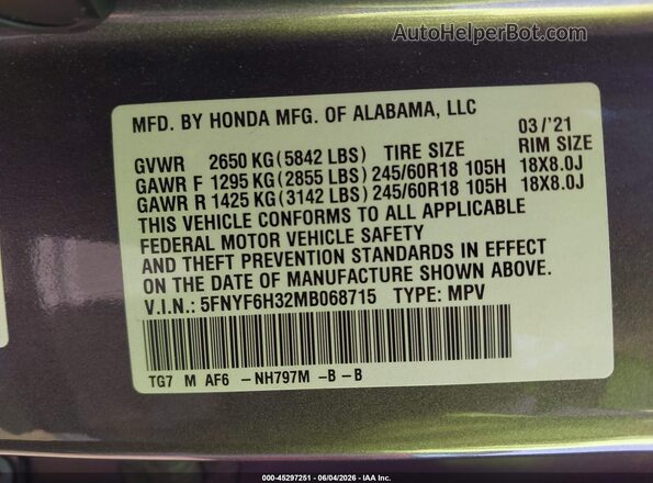 5FNYF6H32MB068715 2021 HONDA PILOT Gray Вид підкапотного простору