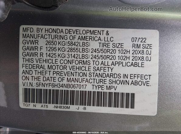 5FNYF6H34NB067017 2022 HONDA PILOT Silver Շարժիչի բաժամունքի տեսք