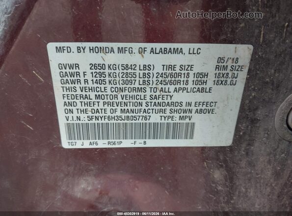 5FNYF6H35JB057767 2018 HONDA PILOT Red ძრავის განყოფილების ხედი