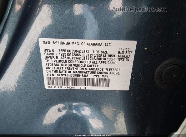 5FNYF6H35KB046866 2019 HONDA PILOT Blue Vista del compartimento del motor