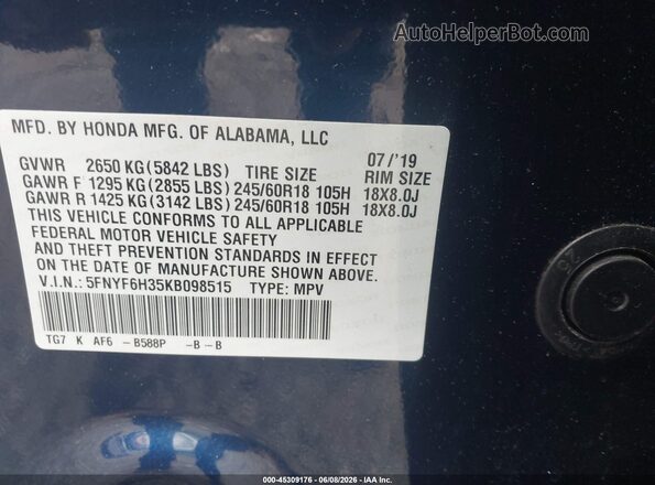 5FNYF6H35KB098515 2019 HONDA PILOT Blue Vista del compartimento del motor