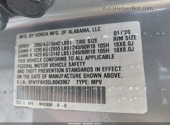 5FNYF6H35LB043967 2020 HONDA PILOT Silver ძრავის განყოფილების ხედი