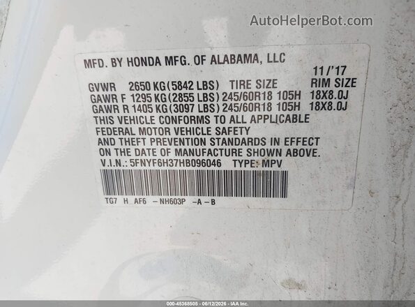 5FNYF6H37HB096046 2017 HONDA PILOT White 
