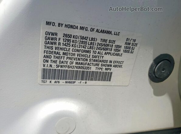 5FNYF6H37KB053351 2019 HONDA PILOT White 