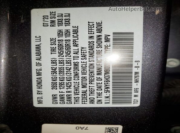 5FNYF6H37MB009823 2021 HONDA PILOT Серый Вид наклейки с VIN-кодом