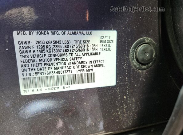 5FNYF6H38HB017371 2017 HONDA PILOT Gray 