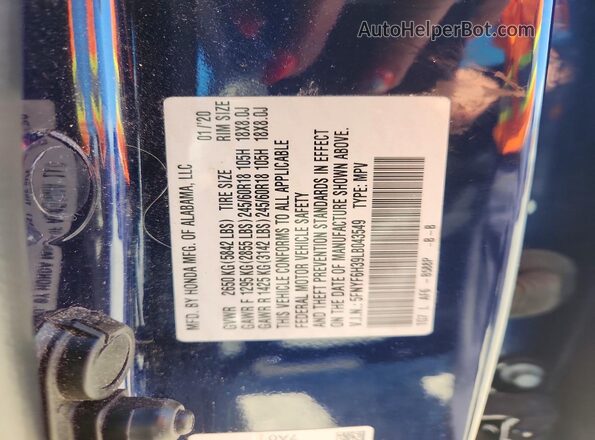 5FNYF6H39LB043549 2020 HONDA PILOT Blue VIN sticker view