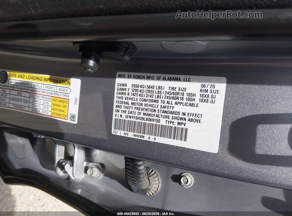 5FNYF6H39LB069150 2020 HONDA PILOT Silver Вид підкапотного простору