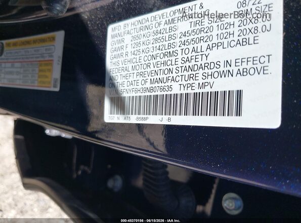 5FNYF6H39NB076635 2022 HONDA PILOT Blue Շարժիչի բաժամունքի տեսք