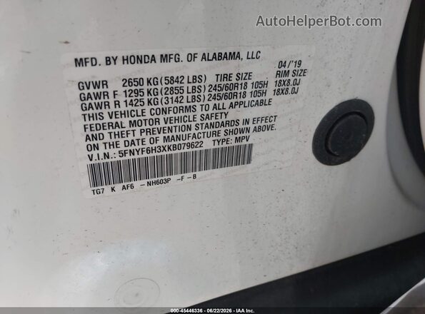 5FNYF6H3XKB079622 2019 HONDA PILOT White Engine compartment view