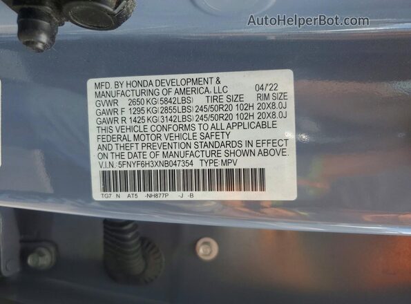 5FNYF6H3XNB047354 2022 HONDA PILOT Blue 