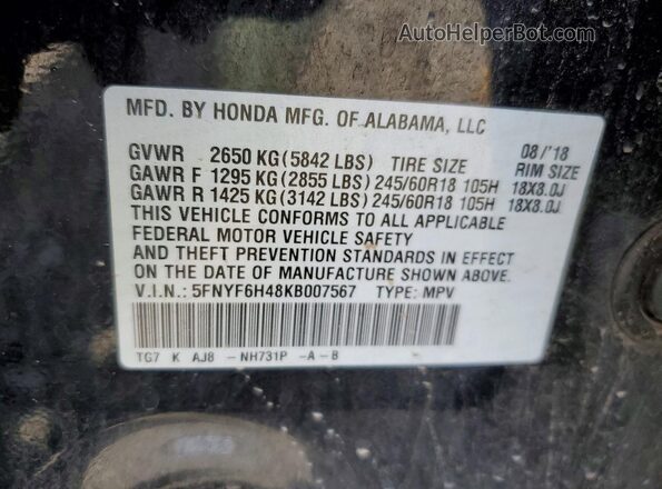 5FNYF6H48KB007567 2019 HONDA PILOT Black 360 interior view