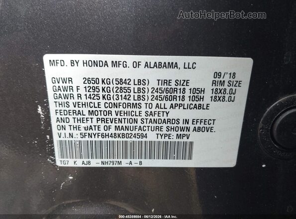 5FNYF6H48KB024594 2019 HONDA PILOT Gray ძრავის განყოფილების ხედი
