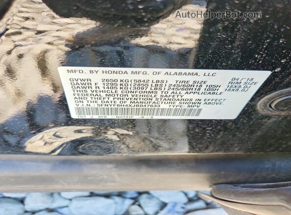 5FNYF6H4XJB047633 2018 HONDA PILOT Black Вид наклейки з VIN-кодом