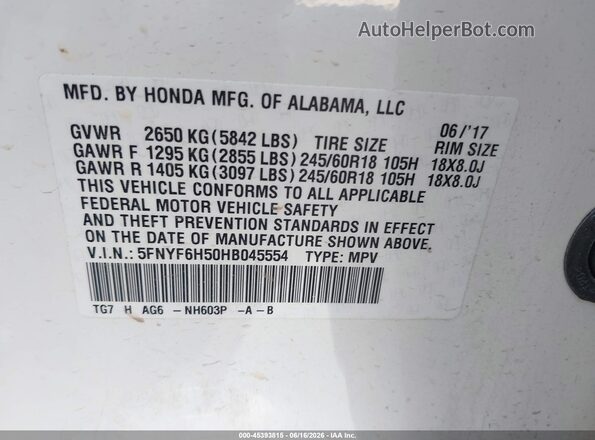 5FNYF6H50HB045554 2017 HONDA PILOT White Вид підкапотного простору