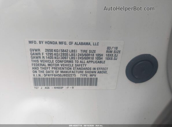 5FNYF6H50JB032275 2018 HONDA PILOT White Engine compartment view